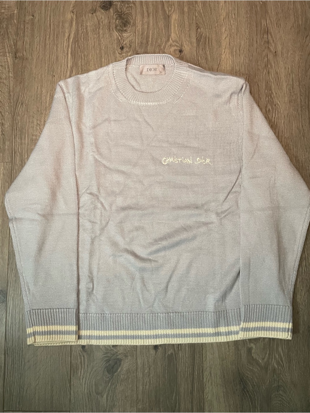 Dior Light Grey Striped Crewneck Sweater Christian Dior Embroidered Logo